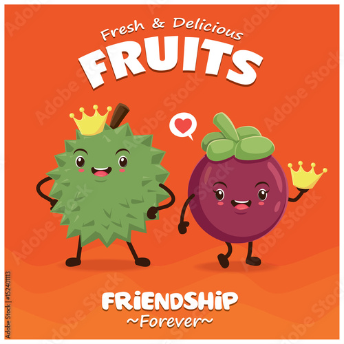 Vintage Durian poster design with vector durian & mangosteen character. photo