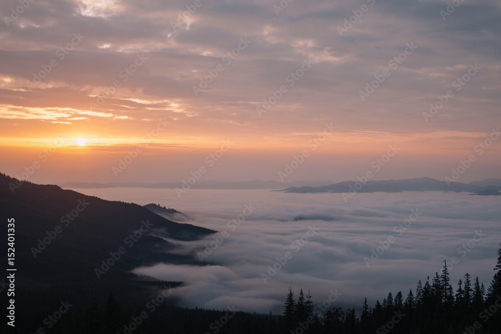Fog morning in mountains.