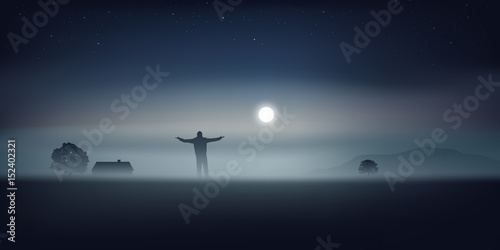 paysage - clair de lune - brume - homme seul -sauvage - maison isolée - nuit 