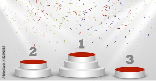 1st, 2nd, 3rd place Podiums of rewarding Poster or brochure template.Confetti and stage light Vector illustration.