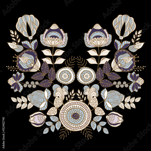 stock vector flowers and leaf ornament. oriental or russian pattern.necklace embroidery design