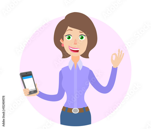 Businesswoman holding mobile phone and showing a okay hand sign