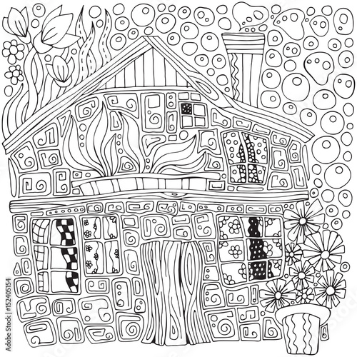 Fantastic rural house and flowers in pots. Doodle, zentangle style. Black and white.