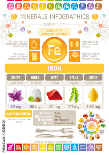 Iron Mineral supplements rich food icons. Healthy eating flat icon set, text letter logo, isolated background. Diet Infographics chart banner poster. Table vector illustration, human health benefit
