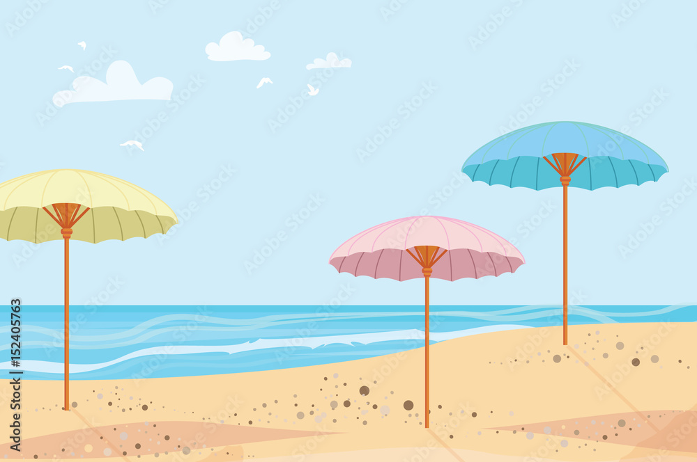 Summer outdoor. Parasols. Sea and sand. Summertime. Beach rest. Vector