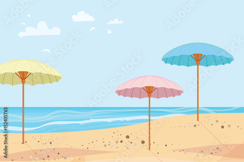 Summer outdoor. Parasols. Sea and sand. Summertime. Beach rest. Vector