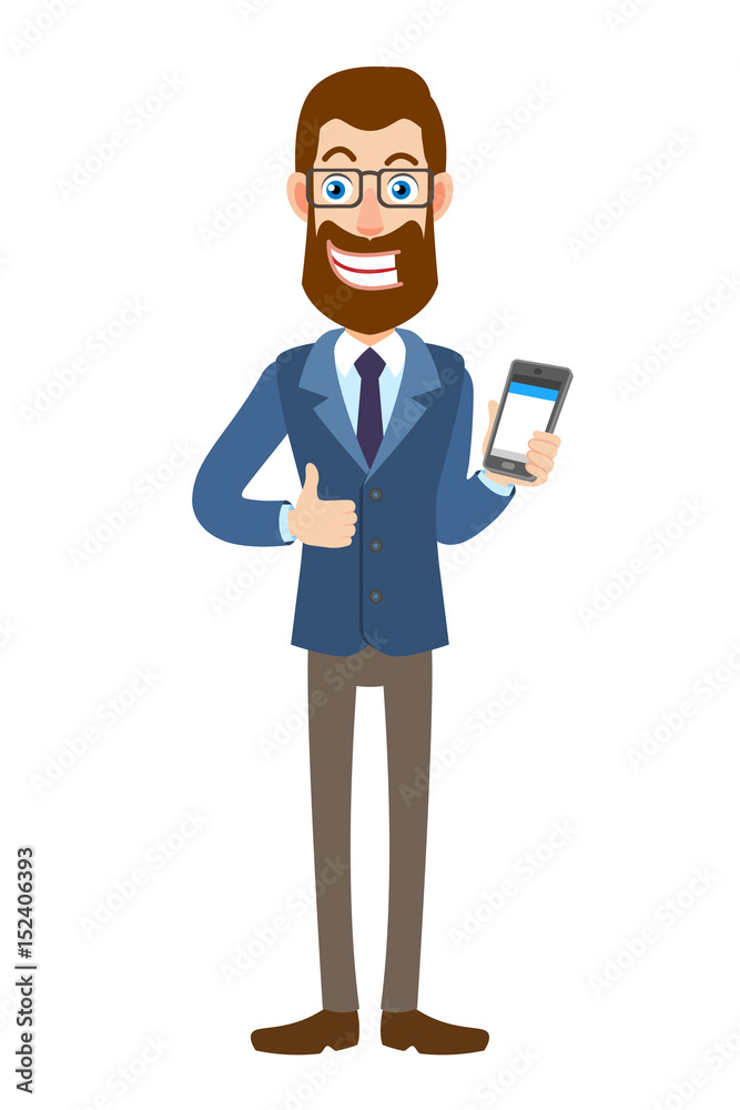 Hipster Businessman holding mobile phone and showing thumb up