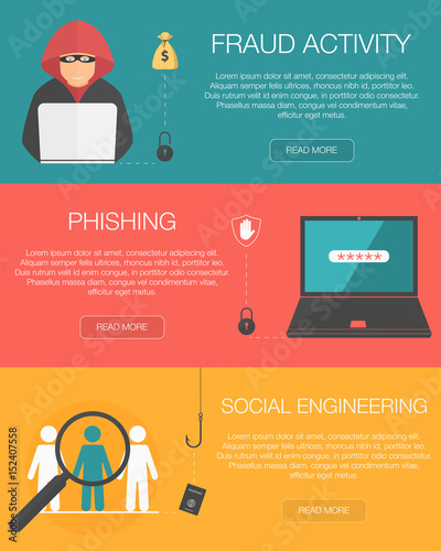Cyber crime horizontal banners with fraud, phishing and social engineering. Flat design. Vector illustration