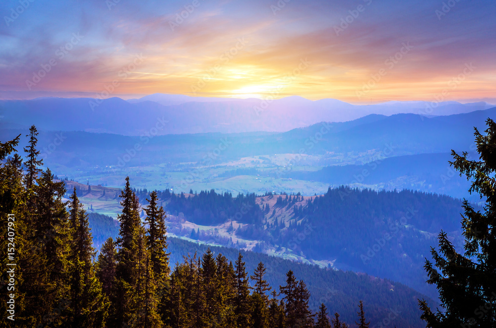 Winter mountains panorama with snowy peaks of Ukrainian Carpathians.