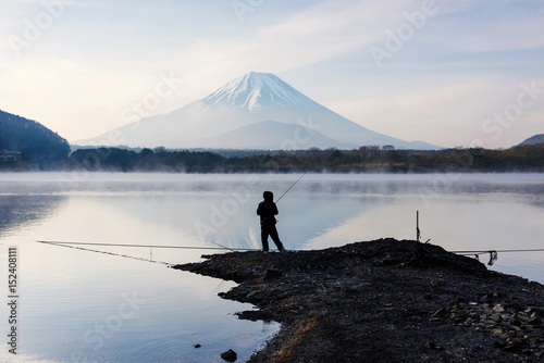 Fishing at Lake Shoji with Mt. Fuji