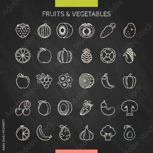 Fruits and vegetables chalk icons
