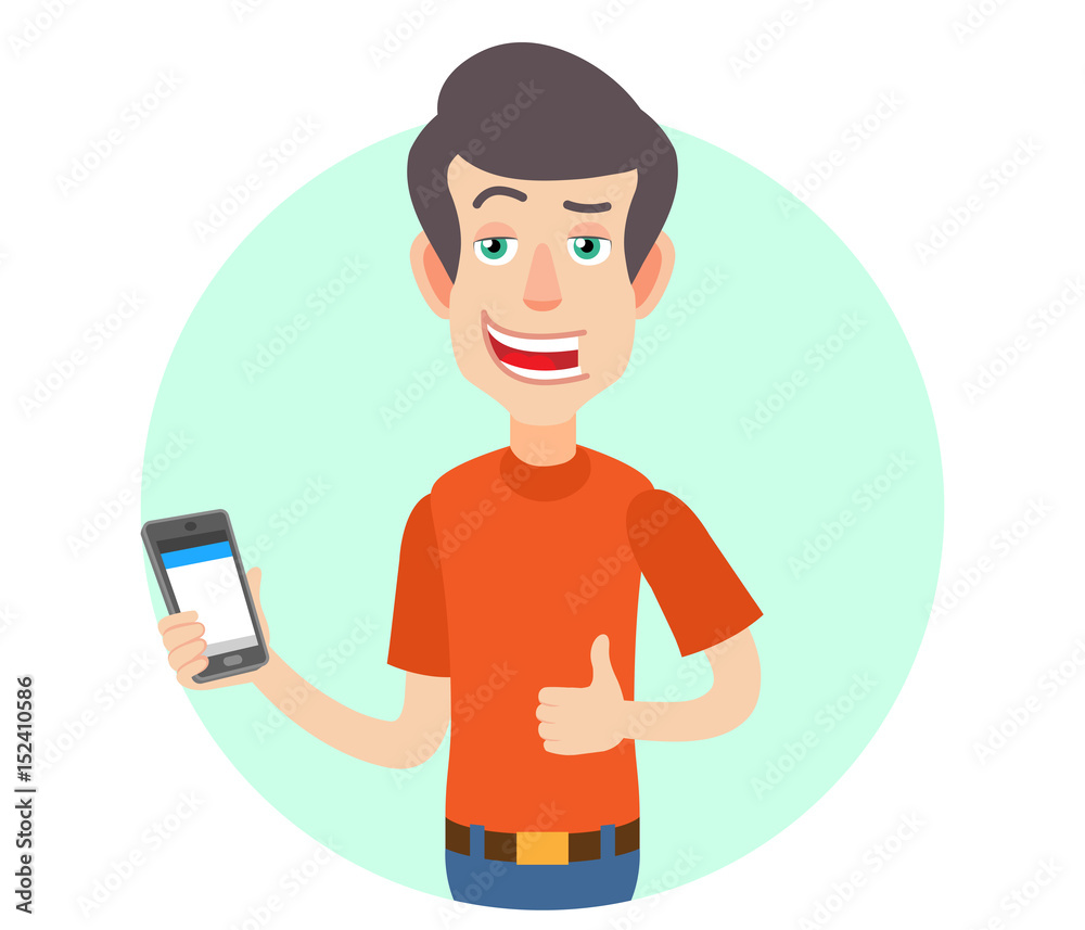 Man holding mobile phone and showing thumb up