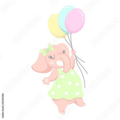 Cute girl elephant with balloons hand drawn vector illustration. Cartoon Elephant character isolated. Can be used for baby fashion print design  kids wear  poster  greeting and invitation card.