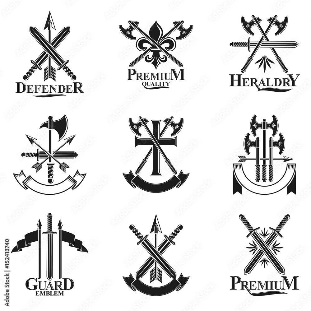 Fototapeta premium Vintage Weapon Emblems set. Heraldic signs vector vintage elements collection.