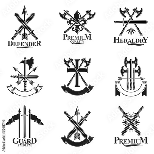 Vintage Weapon Emblems set. Heraldic signs vector vintage elements collection.