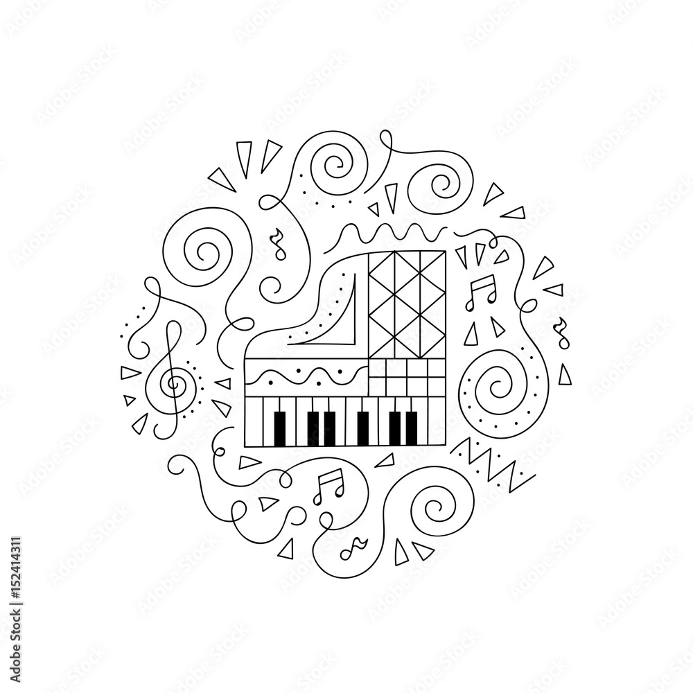 Doodle Piano. Jazz festival coloring page. Decorative vector illustration.