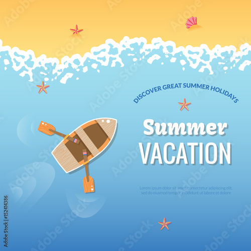 Summer vacation illustration poster. Colorful sea vacation concept. Vector flat design for flyers, banners, brochure, poster or web