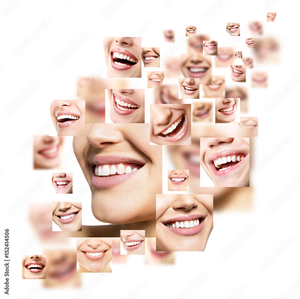 Fototapeta premium Smiles set. Perfect wide smiles of young people with great healthy white teeth, isolated. Dental care, whitening, stomatology, restoration of teeth, prosthetics, oral hygiene concept.