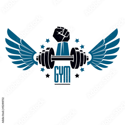 Sport logo for weightlifting gym and fitness club, vintage style vector emblem with wings. With barbell and strong hand fist.