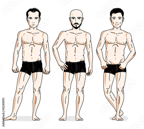 Confident handsome men posing in black underwear. Vector people illustrations set.