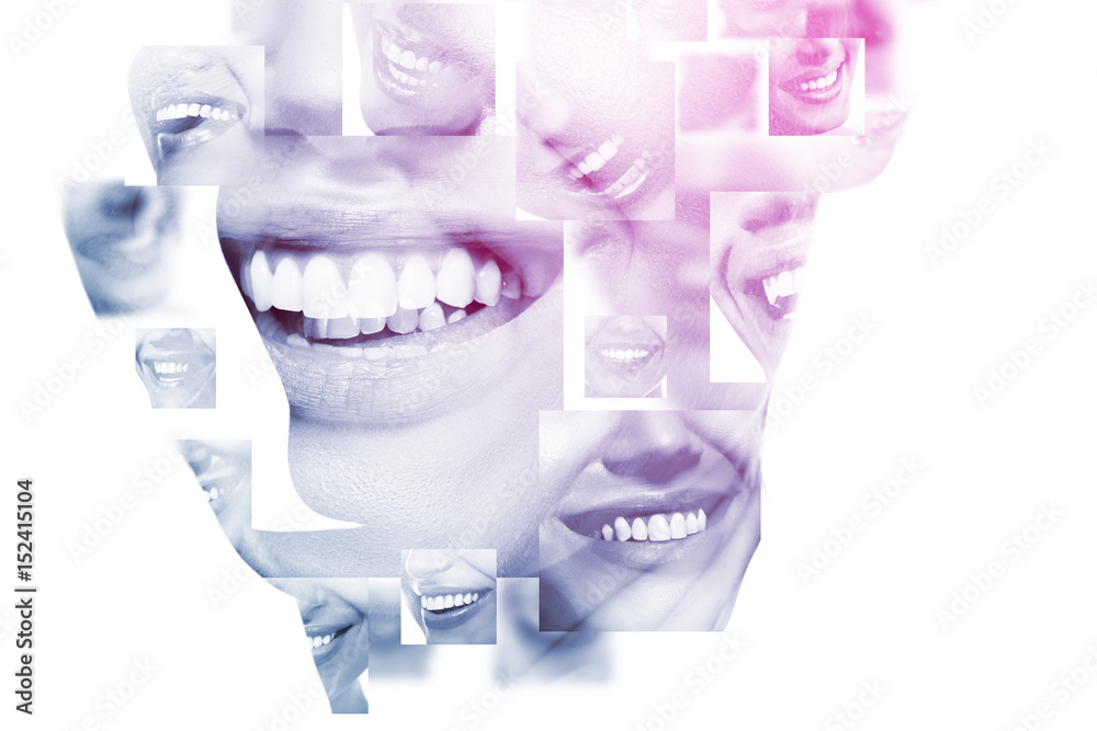 Obraz premium Podwójna ekspozycja śmiejących się ludzi z wielkimi zębami i zbliżenie twarzy kobiety. Zdrowe, piękne uśmiechy kobiet. Zdrowie zębów, wybielanie, protetyka i pielęgnacja.