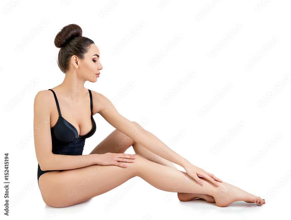 Portrait of beautiful woman, full length. Attractive girl with perfect body posing at studio over white background with copy space. Portrait of beautiful woman, full length. Attractive girl with perfect body posing at studio over white background with copy space.