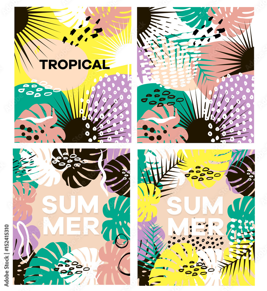 Summer tropical vector cards set with hand drawn textures and palm branch. For seasonal sale,greeting,web banner