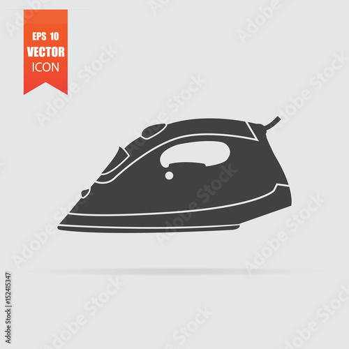Steam iron icon in a flat style, isolated on a gray background.