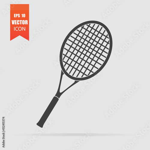 Tennis racquet icon in a flat style, isolated on a gray background.