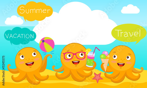 The Smart Arms Of The Octopus. Summer Beach Vector Design Horizontal Banner. Summer Background Vector Illustration For Beach Holidays. Funny Cartoon Octopus Character. © kotjarko
