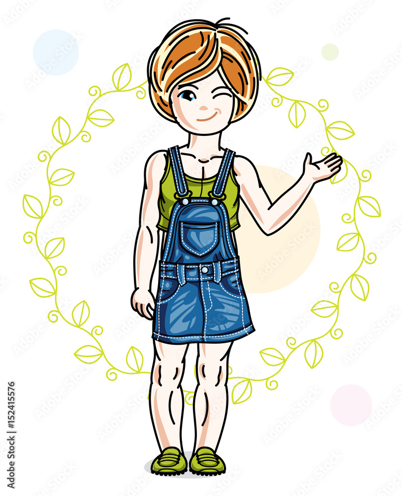 Happy little redhead girl posing on spring background with green leaves and wearing fashionable casual clothes. Vector character.