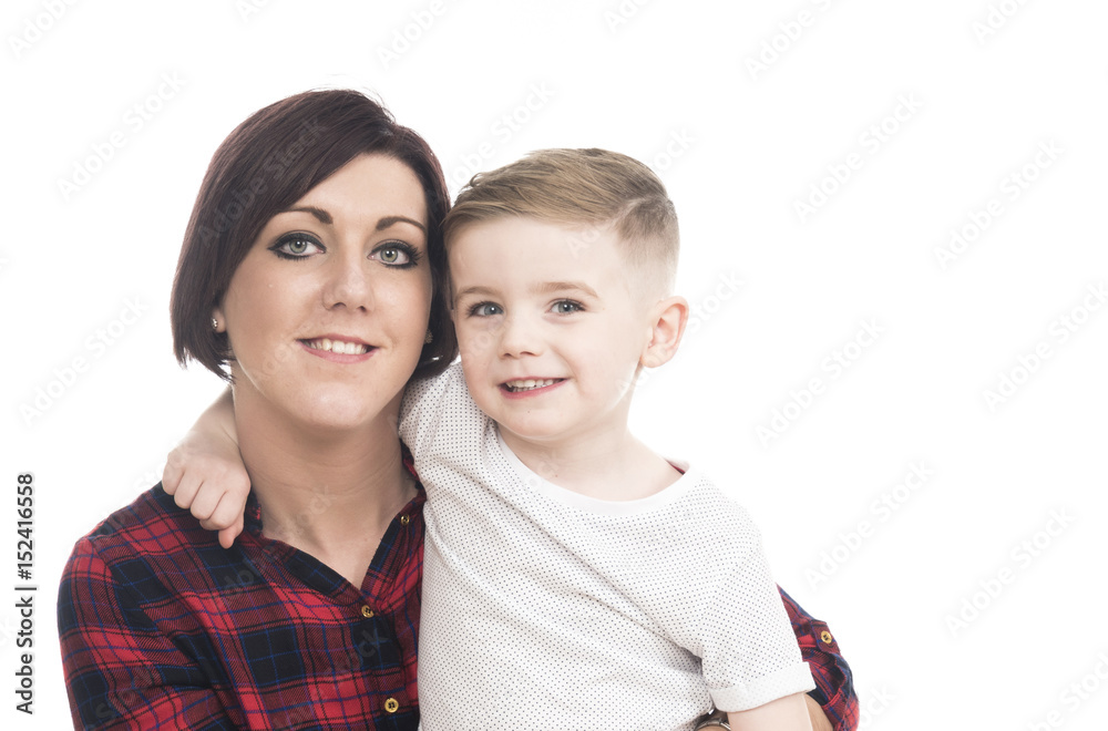 Happy young mother and child against white background Happy young mother and child against white background