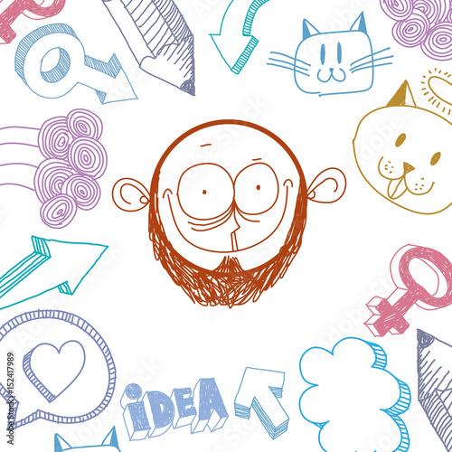 Vector art colorful drawing of happy person, education and social network design elements isolated on white. Allegory illustration, emotions and human temperament concept.