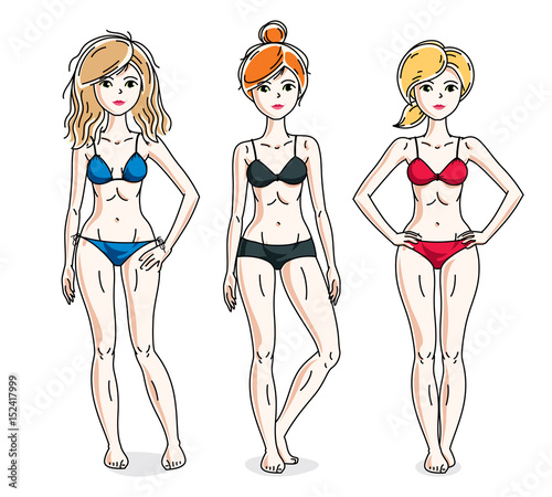 Happy attractive young women standing in colorful bikini. Vector people illustrations set.