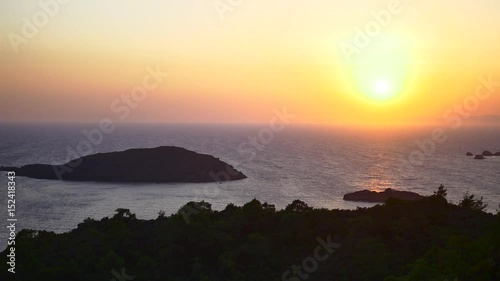 Keramos Bay Sunset Landscape with Aegean Islands. View of Mediterranean Sea from top of the hill around Marmaris in Turkey Country. 4K photo