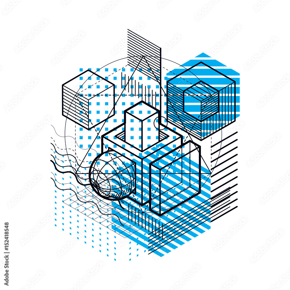 Isometric abstraction with lines and different elements, vector abstract background. Composition of cubes, hexagons, squares, rectangles and different abstract elements.