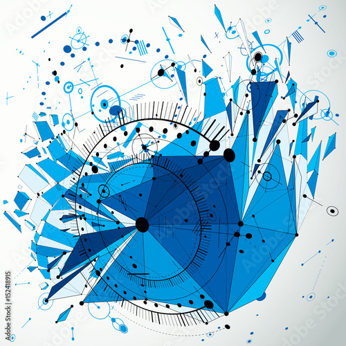 3d engineering technology vector backdrop with low poly demolished object and wireframe. Blue mechanical scheme, dimensional abstract industrial design can be used as website background.