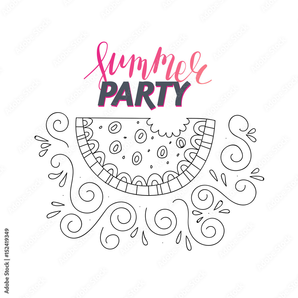 Watermelon line art doodle. Summer time food illustration. Adult coloring. Can be used as poster, flyer or invitation Watermelon line art doodle. Summer time food illustration. Adult coloring. Can be used as poster, flyer or invitation