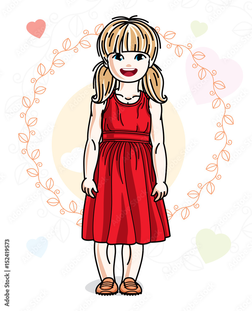 Beautiful little blonde girl wearing casual clothes and standing on colorful backdrop with loving hearts. Vector human illustration. Beautiful little blonde girl wearing casual clothes and standing on colorful backdrop with loving hearts. Vector human illustration.