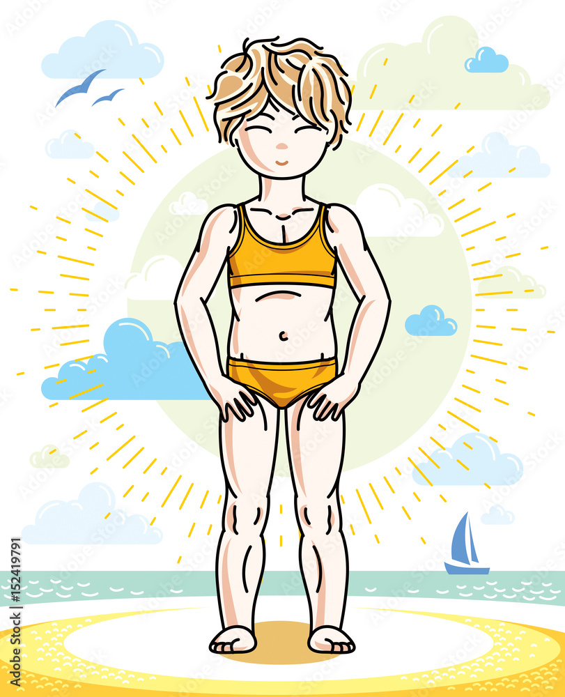 Little blonde girl cute child toddler standing on beach in colorful swimsuit. Vector pretty nice human illustration. Summertime and vacation theme.