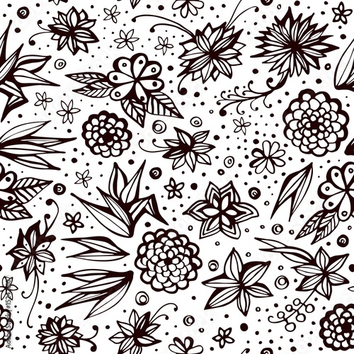 Vintage seamless pattern with decorative flowers and dots. Summer print. Black and white vector illustration. © Happy Dragon