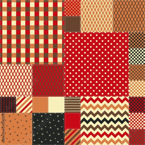Seamless patchwork pattern in warm colors. Quilt design from colorful square patches.