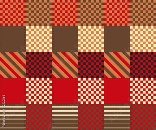 Patchwork pattern of colorful squares with simple geometric ornament in warm tones.