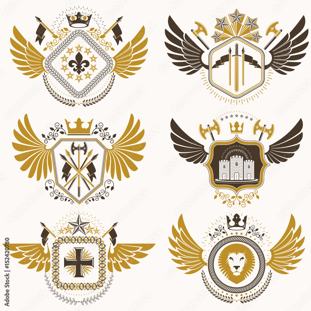 Vintage heraldry design templates, vector emblems created with bird wings, crowns, stars, armory and animal illustrations. Collection of vintage style symbols.