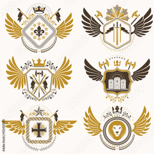 Vintage heraldry design templates, vector emblems created with bird wings, crowns, stars, armory and animal illustrations. Collection of vintage style symbols.
