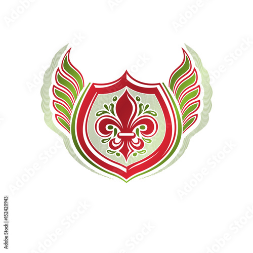 Vintage heraldic emblem created with lily flower royal symbol. Best quality product symbol, nature protection theme illustration, decorative shield.