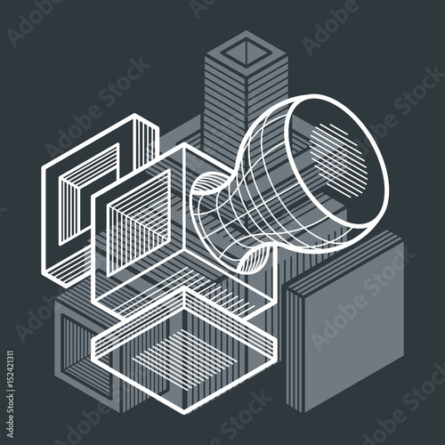 Abstract trigonometric construction, vector dimensional design template.