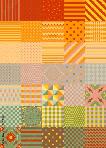 Summer patchwork pattern. Multicolor square patches with different geometric ornaments.
