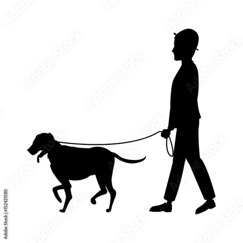 pictogram man hat walking with dog pet vector illustration