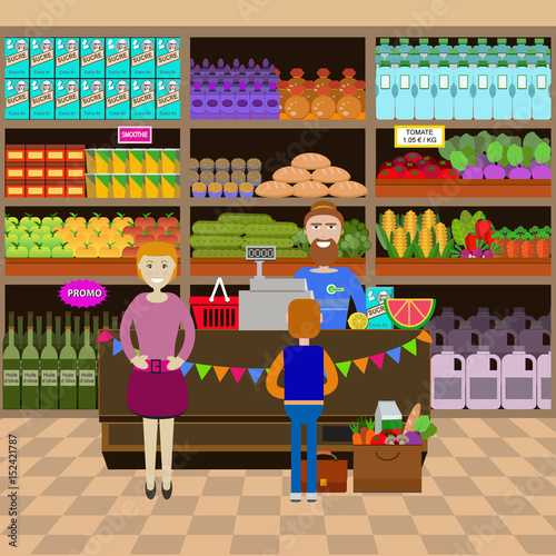 Magasin - Rayon et caisse supermarché, épicerie - Vecteur - Illustration -  Flat design Stock Illustration